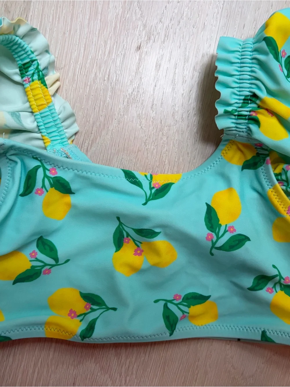 J. Crew Girls Aqua Lemon Print Ruffle Strap Two-Piece Swim Set